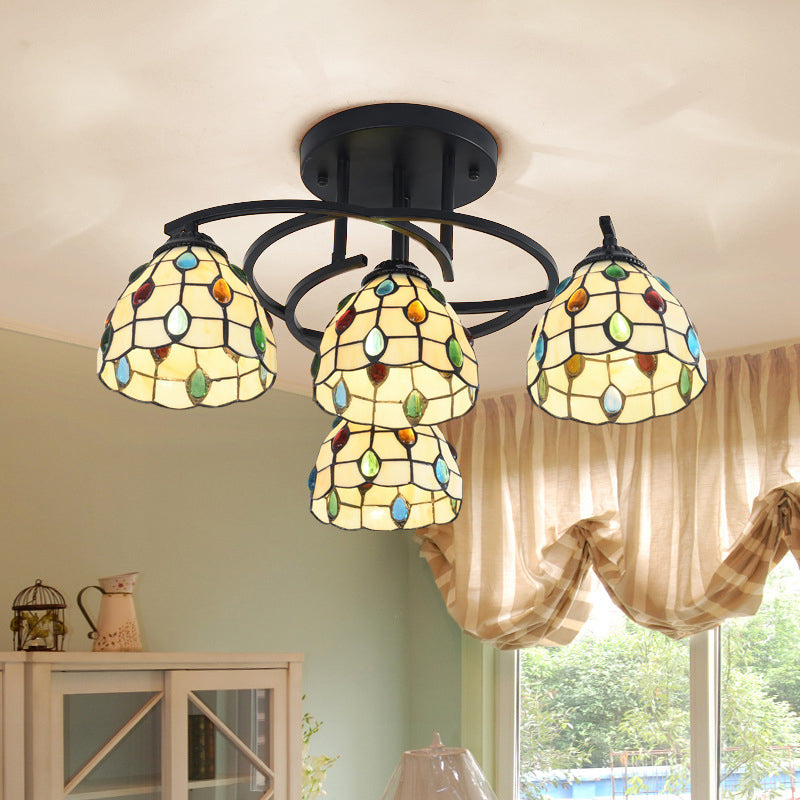 4 Lights Bedroom Semi Flush Mount Light Mediterranean Black Ceiling Lamp with Cone/Dome White/Beige/Blue Glass Shade Beige Clearhalo 'Ceiling Lights' 'Close To Ceiling Lights' 'Close to ceiling' 'Glass shade' 'Glass' 'Semi-flushmount' 'Tiffany close to ceiling' 'Tiffany' Lighting' 360602