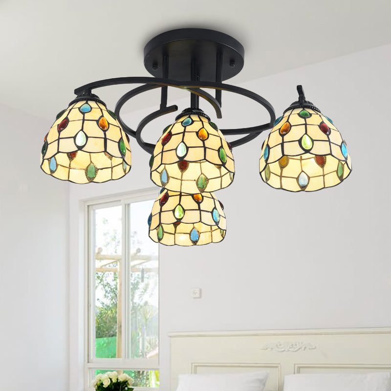 4 Lights Bedroom Semi Flush Mount Light Mediterranean Black Ceiling Lamp with Cone/Dome White/Beige/Blue Glass Shade Clearhalo 'Ceiling Lights' 'Close To Ceiling Lights' 'Close to ceiling' 'Glass shade' 'Glass' 'Semi-flushmount' 'Tiffany close to ceiling' 'Tiffany' Lighting' 360603