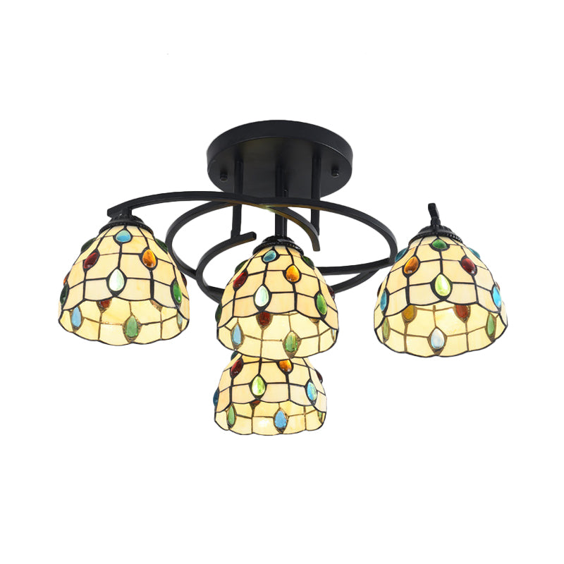 4 Lights Bedroom Semi Flush Mount Light Mediterranean Black Ceiling Lamp with Cone/Dome White/Beige/Blue Glass Shade Clearhalo 'Ceiling Lights' 'Close To Ceiling Lights' 'Close to ceiling' 'Glass shade' 'Glass' 'Semi-flushmount' 'Tiffany close to ceiling' 'Tiffany' Lighting' 360604