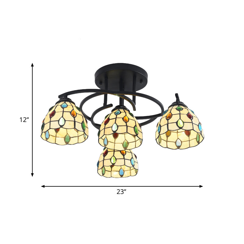 4 Lights Bedroom Semi Flush Mount Light Mediterranean Black Ceiling Lamp with Cone/Dome White/Beige/Blue Glass Shade Clearhalo 'Ceiling Lights' 'Close To Ceiling Lights' 'Close to ceiling' 'Glass shade' 'Glass' 'Semi-flushmount' 'Tiffany close to ceiling' 'Tiffany' Lighting' 360605