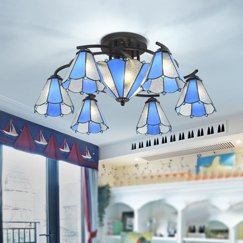 Conical/Dome Semi-Flush Ceiling Light Blue/Light Blue and White Glass 9/11 Lights Black Lighting Fixture for Living Room Clearhalo 'Ceiling Lights' 'Close To Ceiling Lights' 'Close to ceiling' 'Glass shade' 'Glass' 'Semi-flushmount' 'Tiffany close to ceiling' 'Tiffany' Lighting' 360606