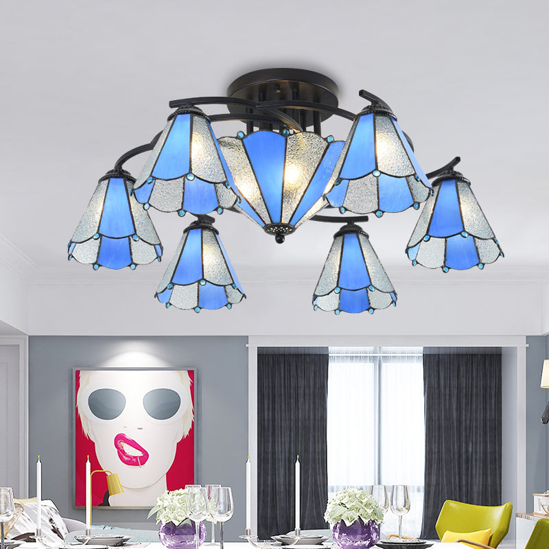 Conical/Dome Semi-Flush Ceiling Light Blue/Light Blue and White Glass 9/11 Lights Black Lighting Fixture for Living Room Clearhalo 'Ceiling Lights' 'Close To Ceiling Lights' 'Close to ceiling' 'Glass shade' 'Glass' 'Semi-flushmount' 'Tiffany close to ceiling' 'Tiffany' Lighting' 360607