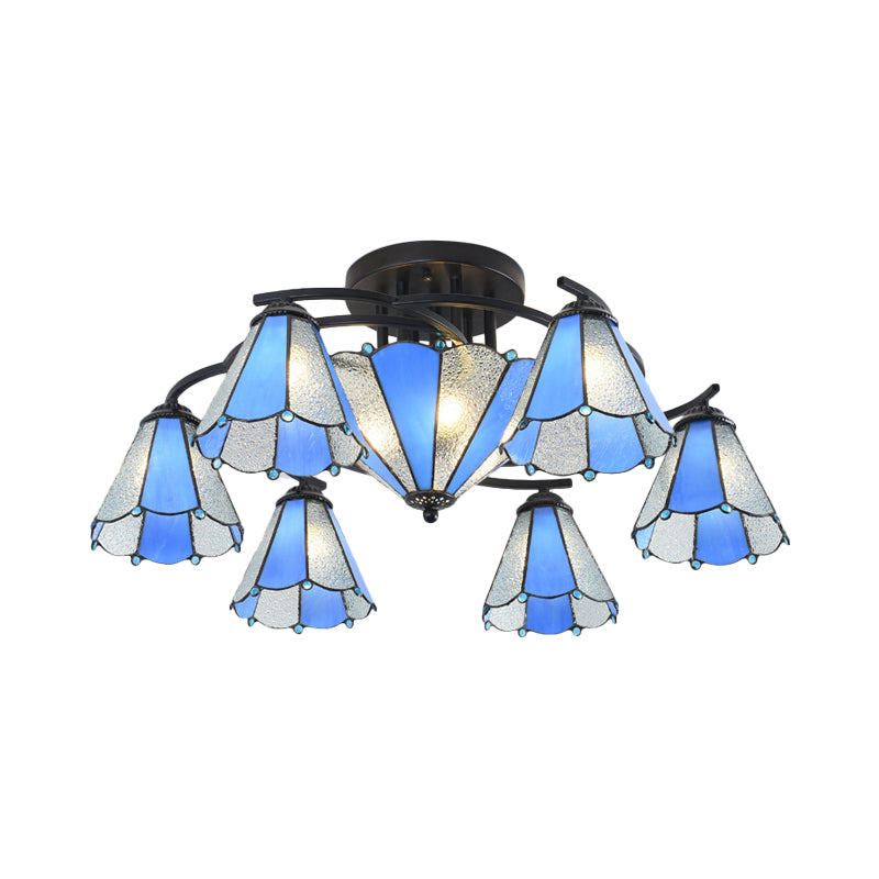 Conical/Dome Semi-Flush Ceiling Light Blue/Light Blue and White Glass 9/11 Lights Black Lighting Fixture for Living Room Clearhalo 'Ceiling Lights' 'Close To Ceiling Lights' 'Close to ceiling' 'Glass shade' 'Glass' 'Semi-flushmount' 'Tiffany close to ceiling' 'Tiffany' Lighting' 360608