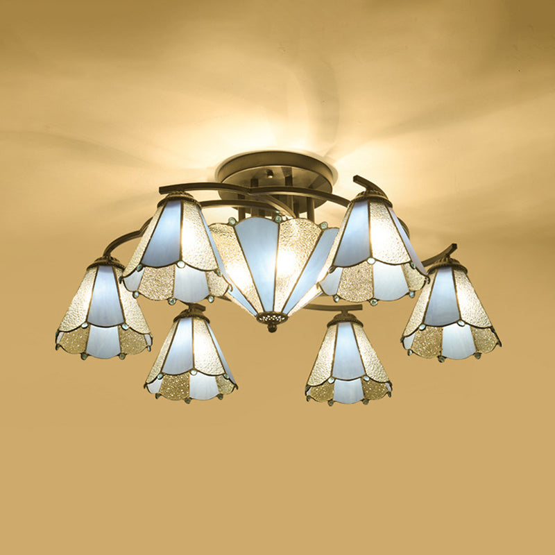 Conical/Dome Semi-Flush Ceiling Light Blue/Light Blue and White Glass 9/11 Lights Black Lighting Fixture for Living Room Clearhalo 'Ceiling Lights' 'Close To Ceiling Lights' 'Close to ceiling' 'Glass shade' 'Glass' 'Semi-flushmount' 'Tiffany close to ceiling' 'Tiffany' Lighting' 360609