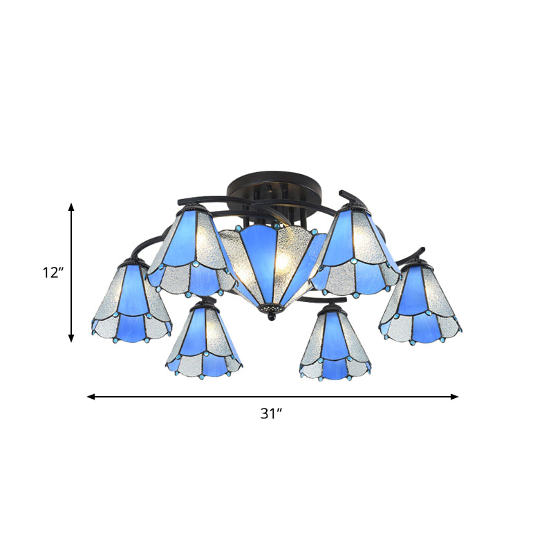 Conical/Dome Semi-Flush Ceiling Light Blue/Light Blue and White Glass 9/11 Lights Black Lighting Fixture for Living Room Clearhalo 'Ceiling Lights' 'Close To Ceiling Lights' 'Close to ceiling' 'Glass shade' 'Glass' 'Semi-flushmount' 'Tiffany close to ceiling' 'Tiffany' Lighting' 360610