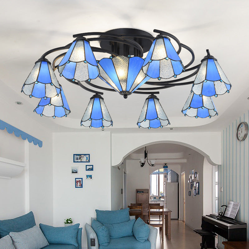 Conical/Dome Semi-Flush Ceiling Light Blue/Light Blue and White Glass 9/11 Lights Black Lighting Fixture for Living Room 11 Light Blue-White Clearhalo 'Ceiling Lights' 'Close To Ceiling Lights' 'Close to ceiling' 'Glass shade' 'Glass' 'Semi-flushmount' 'Tiffany close to ceiling' 'Tiffany' Lighting' 360611