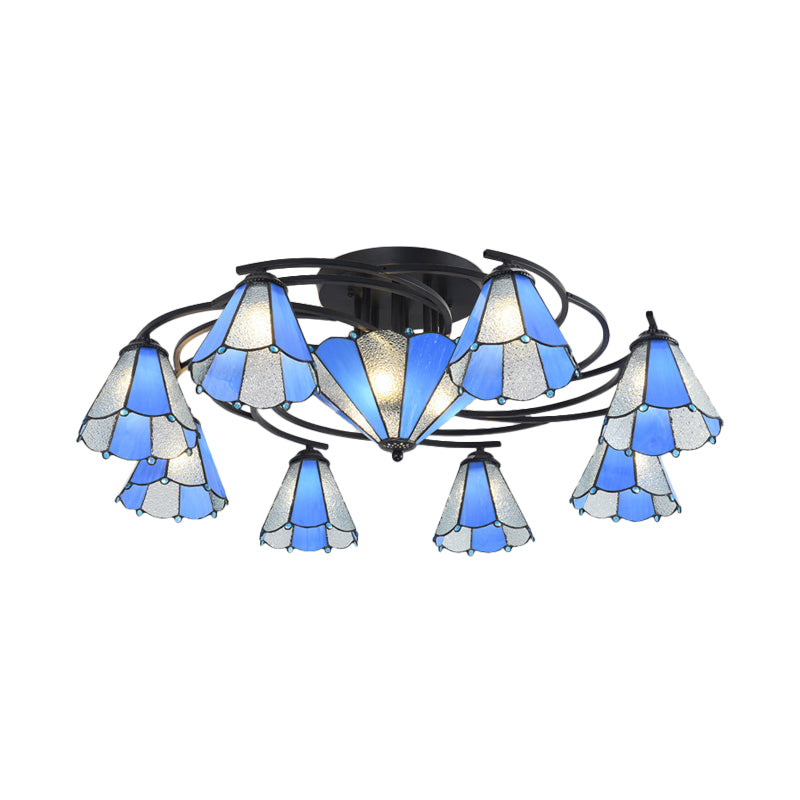 Conical/Dome Semi-Flush Ceiling Light Blue/Light Blue and White Glass 9/11 Lights Black Lighting Fixture for Living Room Clearhalo 'Ceiling Lights' 'Close To Ceiling Lights' 'Close to ceiling' 'Glass shade' 'Glass' 'Semi-flushmount' 'Tiffany close to ceiling' 'Tiffany' Lighting' 360612