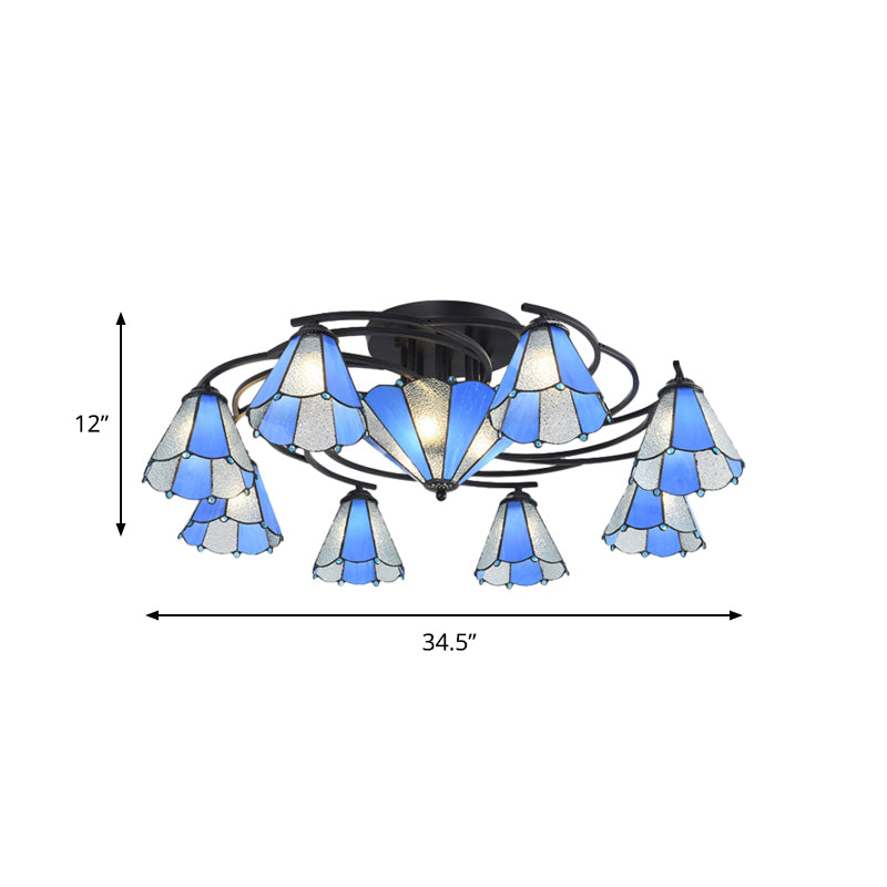 Conical/Dome Semi-Flush Ceiling Light Blue/Light Blue and White Glass 9/11 Lights Black Lighting Fixture for Living Room Clearhalo 'Ceiling Lights' 'Close To Ceiling Lights' 'Close to ceiling' 'Glass shade' 'Glass' 'Semi-flushmount' 'Tiffany close to ceiling' 'Tiffany' Lighting' 360613