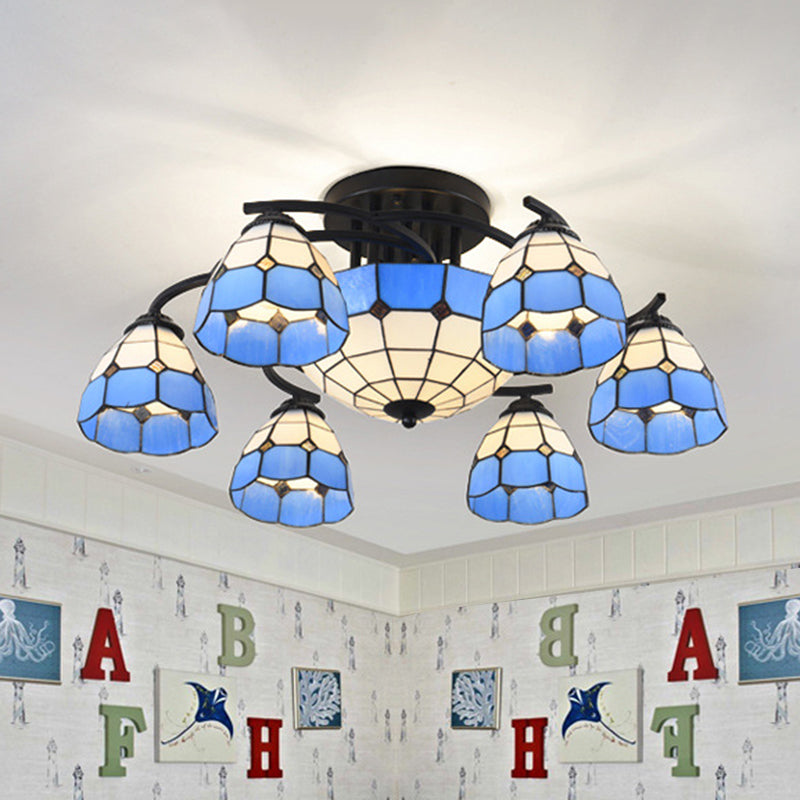 Conical/Dome Semi-Flush Ceiling Light Blue/Light Blue and White Glass 9/11 Lights Black Lighting Fixture for Living Room 9 Blue Clearhalo 'Ceiling Lights' 'Close To Ceiling Lights' 'Close to ceiling' 'Glass shade' 'Glass' 'Semi-flushmount' 'Tiffany close to ceiling' 'Tiffany' Lighting' 360614