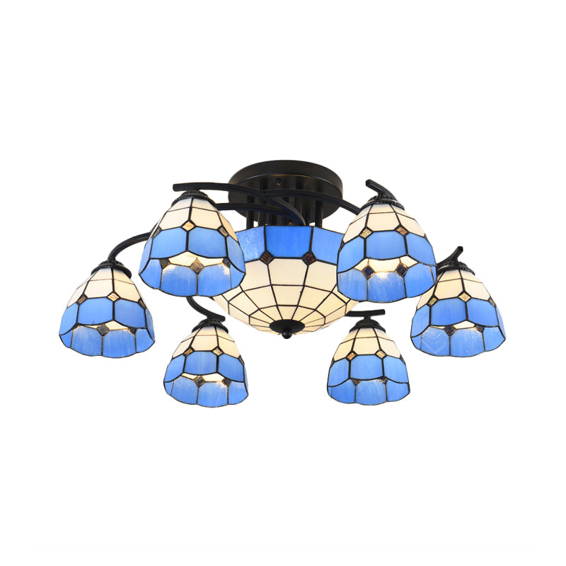 Conical/Dome Semi-Flush Ceiling Light Blue/Light Blue and White Glass 9/11 Lights Black Lighting Fixture for Living Room Clearhalo 'Ceiling Lights' 'Close To Ceiling Lights' 'Close to ceiling' 'Glass shade' 'Glass' 'Semi-flushmount' 'Tiffany close to ceiling' 'Tiffany' Lighting' 360615