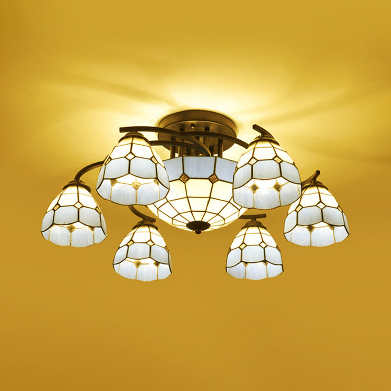 Conical/Dome Semi-Flush Ceiling Light Blue/Light Blue and White Glass 9/11 Lights Black Lighting Fixture for Living Room Clearhalo 'Ceiling Lights' 'Close To Ceiling Lights' 'Close to ceiling' 'Glass shade' 'Glass' 'Semi-flushmount' 'Tiffany close to ceiling' 'Tiffany' Lighting' 360616