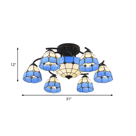 Conical/Dome Semi-Flush Ceiling Light Blue/Light Blue and White Glass 9/11 Lights Black Lighting Fixture for Living Room Clearhalo 'Ceiling Lights' 'Close To Ceiling Lights' 'Close to ceiling' 'Glass shade' 'Glass' 'Semi-flushmount' 'Tiffany close to ceiling' 'Tiffany' Lighting' 360617
