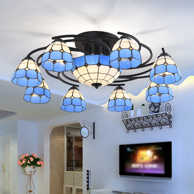 Conical/Dome Semi-Flush Ceiling Light Blue/Light Blue and White Glass 9/11 Lights Black Lighting Fixture for Living Room 11 Blue Clearhalo 'Ceiling Lights' 'Close To Ceiling Lights' 'Close to ceiling' 'Glass shade' 'Glass' 'Semi-flushmount' 'Tiffany close to ceiling' 'Tiffany' Lighting' 360618