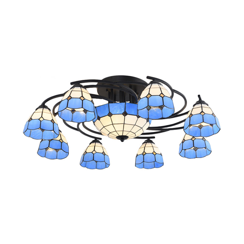 Conical/Dome Semi-Flush Ceiling Light Blue/Light Blue and White Glass 9/11 Lights Black Lighting Fixture for Living Room Clearhalo 'Ceiling Lights' 'Close To Ceiling Lights' 'Close to ceiling' 'Glass shade' 'Glass' 'Semi-flushmount' 'Tiffany close to ceiling' 'Tiffany' Lighting' 360619