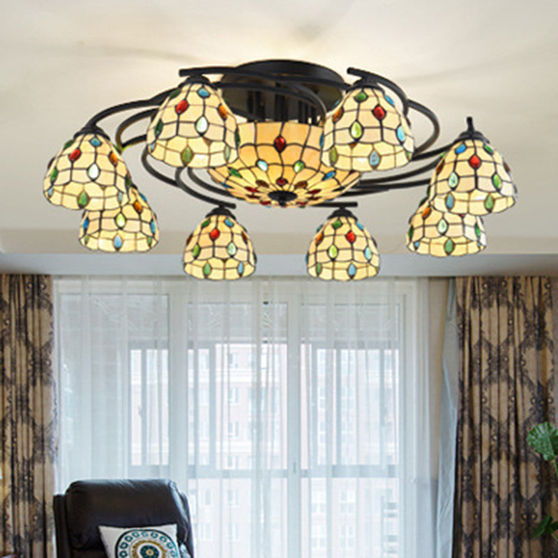 Tiffany Beaded Semi Flush Light 9/11 Lights Beige Glass Ceiling Mounted Fixture for Bedroom Clearhalo 'Ceiling Lights' 'Close To Ceiling Lights' 'Close to ceiling' 'Glass shade' 'Glass' 'Semi-flushmount' 'Tiffany close to ceiling' 'Tiffany' Lighting' 360628