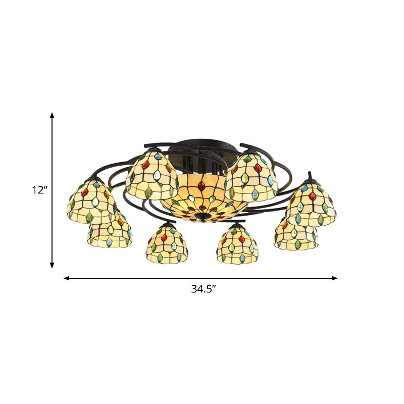 Tiffany Beaded Semi Flush Light 9/11 Lights Beige Glass Ceiling Mounted Fixture for Bedroom Clearhalo 'Ceiling Lights' 'Close To Ceiling Lights' 'Close to ceiling' 'Glass shade' 'Glass' 'Semi-flushmount' 'Tiffany close to ceiling' 'Tiffany' Lighting' 360630