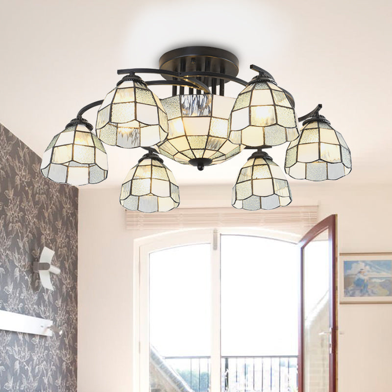 Frosted Glass White/Yellow/Blue Semi-Flush Mount Light Domed/Cone/Bell 9/11 Lights Tiffany Style Ceiling Fixture for Living Room Clearhalo 'Ceiling Lights' 'Close To Ceiling Lights' 'Close to ceiling' 'Glass shade' 'Glass' 'Pendant Lights' 'Semi-flushmount' 'Tiffany close to ceiling' 'Tiffany' Lighting' 360632