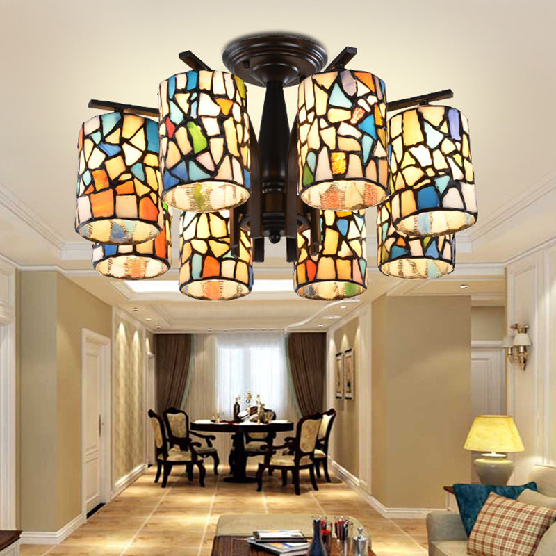 6/8 Lights Semi Flush Light Mediterranean Cylinder Cut Glass Ceiling Mount in Black for Living Room Clearhalo 'Ceiling Lights' 'Close To Ceiling Lights' 'Close to ceiling' 'Glass shade' 'Glass' 'Semi-flushmount' 'Tiffany close to ceiling' 'Tiffany' Lighting' 360647