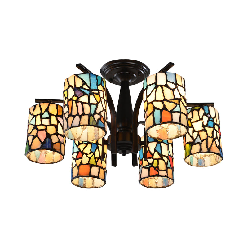 6/8 Lights Semi Flush Light Mediterranean Cylinder Cut Glass Ceiling Mount in Black for Living Room Clearhalo 'Ceiling Lights' 'Close To Ceiling Lights' 'Close to ceiling' 'Glass shade' 'Glass' 'Semi-flushmount' 'Tiffany close to ceiling' 'Tiffany' Lighting' 360652