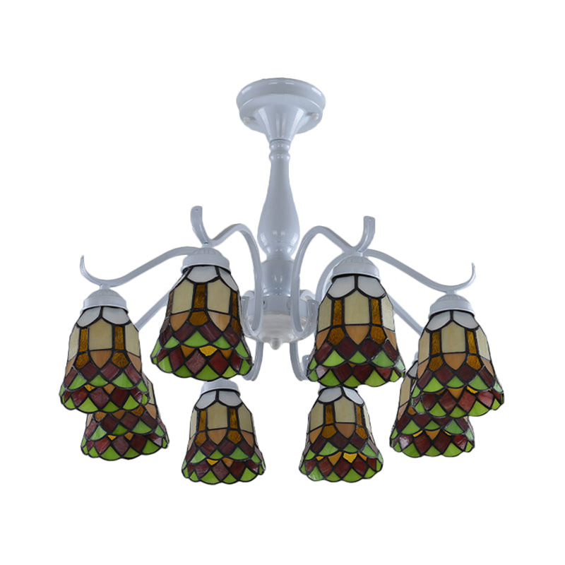 6/8 Lights Bell Ceiling Flush Mount Mediterranean White Stained Glass Semi Flush for Living Room Clearhalo 'Ceiling Lights' 'Close To Ceiling Lights' 'Close to ceiling' 'Glass shade' 'Glass' 'Semi-flushmount' 'Tiffany close to ceiling' 'Tiffany' Lighting' 360663
