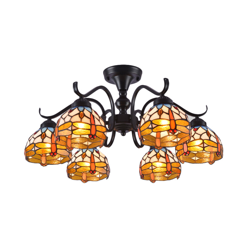 13"/19.5" H Dragonfly Semi-Flush Mount 6 Lights Cut Glass Mediterranean Ceiling Mounted Fixture in Black Clearhalo 'Ceiling Lights' 'Close To Ceiling Lights' 'Close to ceiling' 'Glass shade' 'Glass' 'Semi-flushmount' 'Tiffany close to ceiling' 'Tiffany' Lighting' 360667