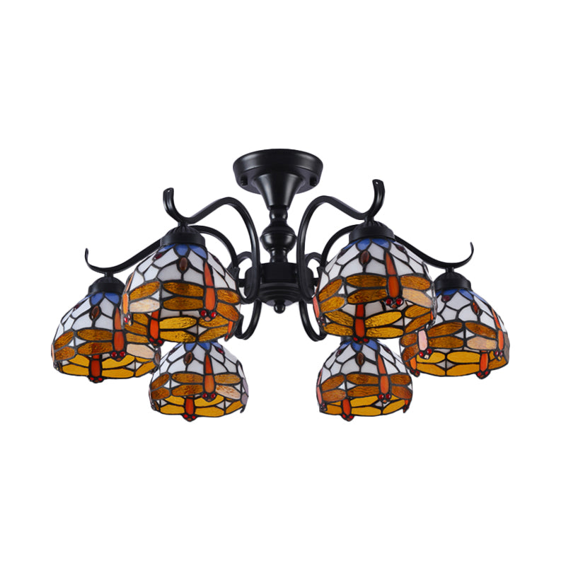 13"/19.5" H Dragonfly Semi-Flush Mount 6 Lights Cut Glass Mediterranean Ceiling Mounted Fixture in Black Clearhalo 'Ceiling Lights' 'Close To Ceiling Lights' 'Close to ceiling' 'Glass shade' 'Glass' 'Semi-flushmount' 'Tiffany close to ceiling' 'Tiffany' Lighting' 360668
