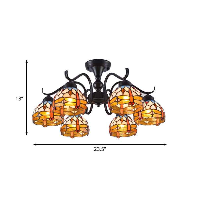 13"/19.5" H Dragonfly Semi-Flush Mount 6 Lights Cut Glass Mediterranean Ceiling Mounted Fixture in Black Clearhalo 'Ceiling Lights' 'Close To Ceiling Lights' 'Close to ceiling' 'Glass shade' 'Glass' 'Semi-flushmount' 'Tiffany close to ceiling' 'Tiffany' Lighting' 360669