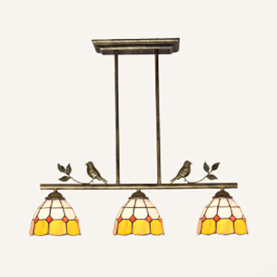 Dome Shade Island Lighting 3 Heads Stainless Glass Tiffany Stylish Antique Brass/Black Hanging Lamp with Bird Accent Antique Brass Clearhalo 'Ceiling Lights' 'Glass shade' 'Glass' 'Island Lights' 'Tiffany close to ceiling' 'Tiffany' Lighting' 36067