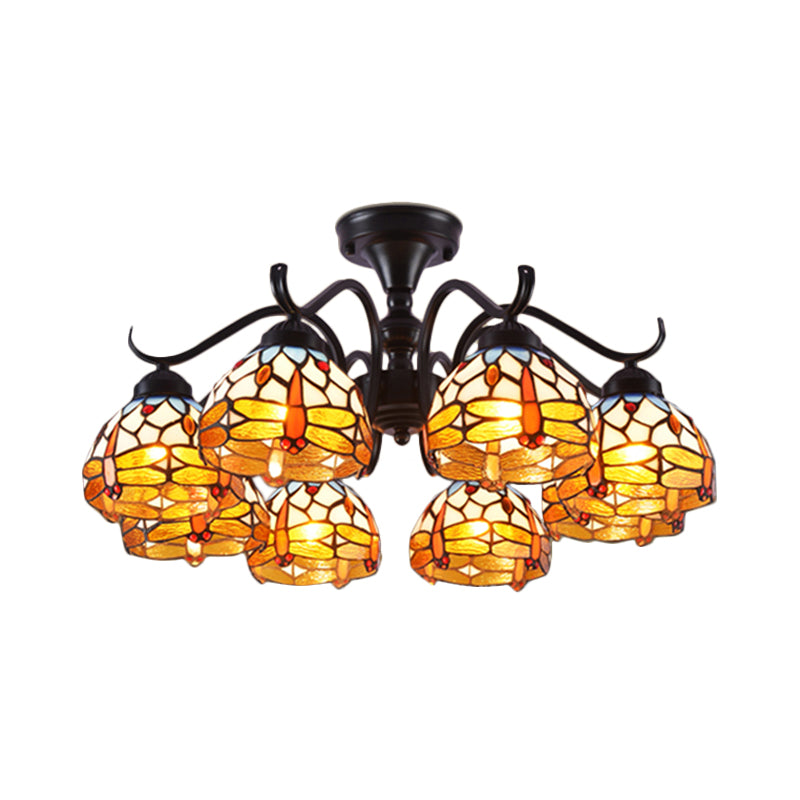 13"/19.5" H Dragonfly Semi-Flush Mount 6 Lights Cut Glass Mediterranean Ceiling Mounted Fixture in Black Clearhalo 'Ceiling Lights' 'Close To Ceiling Lights' 'Close to ceiling' 'Glass shade' 'Glass' 'Semi-flushmount' 'Tiffany close to ceiling' 'Tiffany' Lighting' 360671