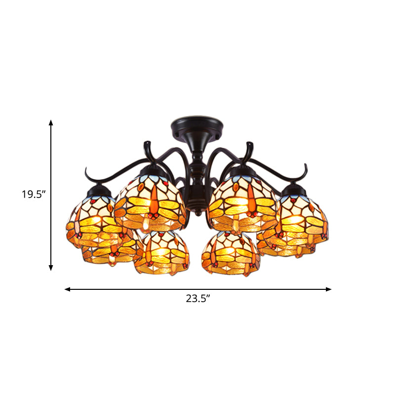 13"/19.5" H Dragonfly Semi-Flush Mount 6 Lights Cut Glass Mediterranean Ceiling Mounted Fixture in Black Clearhalo 'Ceiling Lights' 'Close To Ceiling Lights' 'Close to ceiling' 'Glass shade' 'Glass' 'Semi-flushmount' 'Tiffany close to ceiling' 'Tiffany' Lighting' 360672