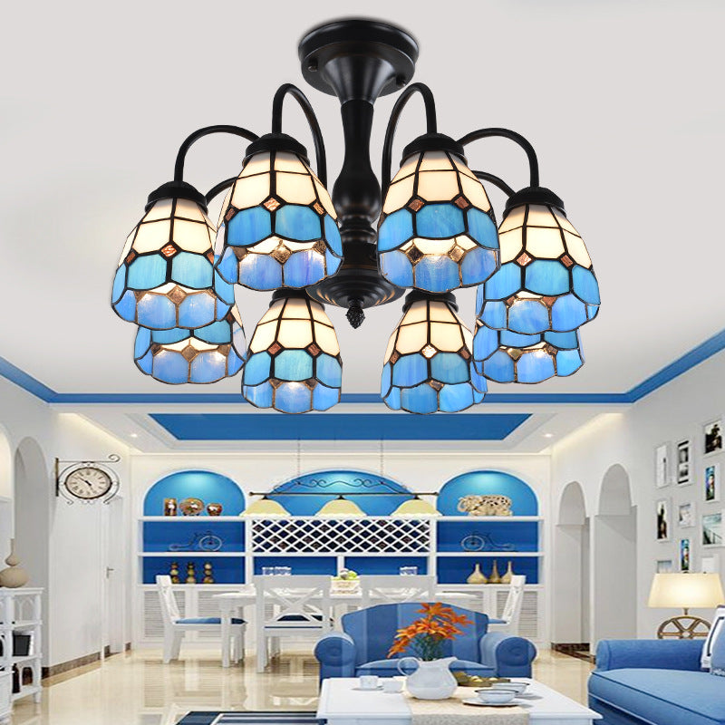 Domed Cut Glass Semi Mount Lighting Baroque Stylish 6/8 Lights Blue Ceiling Light Fixture Clearhalo 'Ceiling Lights' 'Close To Ceiling Lights' 'Close to ceiling' 'Glass shade' 'Glass' 'Semi-flushmount' 'Tiffany close to ceiling' 'Tiffany' Lighting' 360679