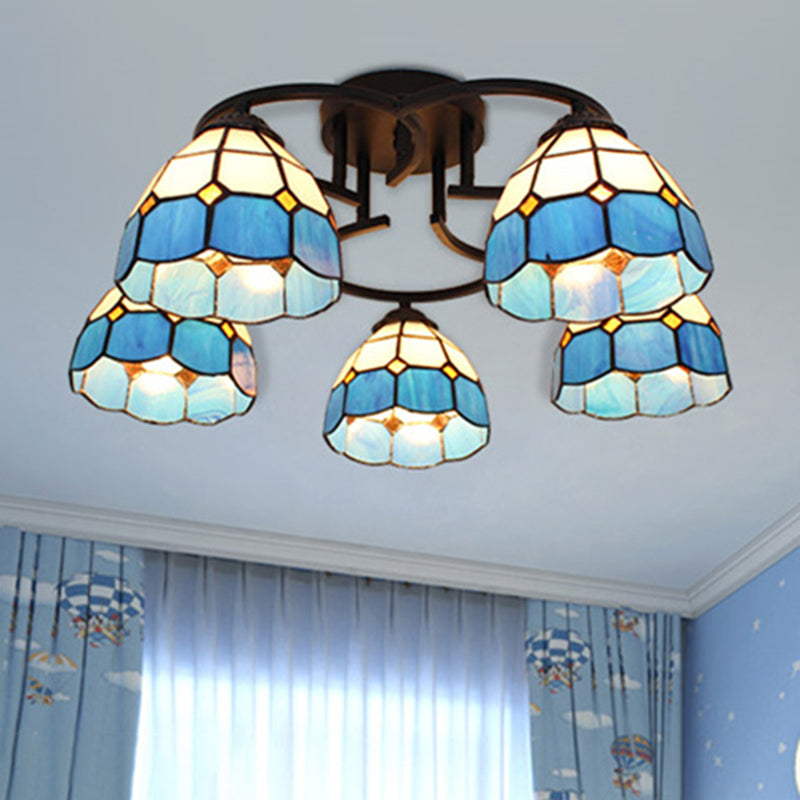 Blue/Light Blue Glass Grid Patterned Semi Flush Light Fixture Baroque 5 Lights Black Ceiling Flush Mount for Bedroom Clearhalo 'Ceiling Lights' 'Close To Ceiling Lights' 'Close to ceiling' 'Glass shade' 'Glass' 'Semi-flushmount' 'Tiffany close to ceiling' 'Tiffany' Lighting' 360684