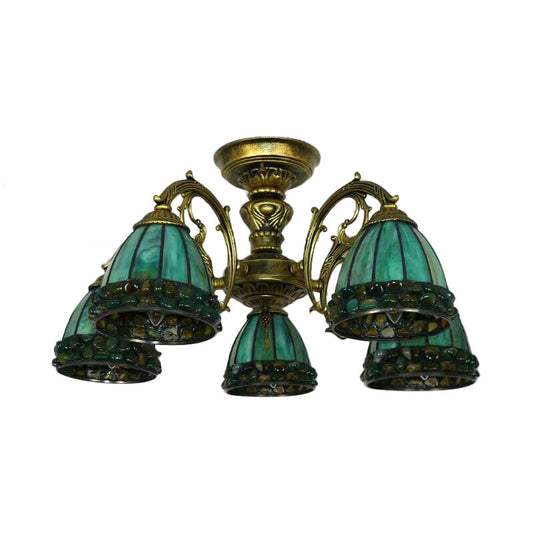 Tiffany Dome Semi Flush 5/8 Lights Stained Art Glass Close to Ceiling Lighting in Green 5 Green Clearhalo 'Ceiling Lights' 'Close To Ceiling Lights' 'Close to ceiling' 'Glass shade' 'Glass' 'Semi-flushmount' 'Tiffany close to ceiling' 'Tiffany' Lighting' 360704