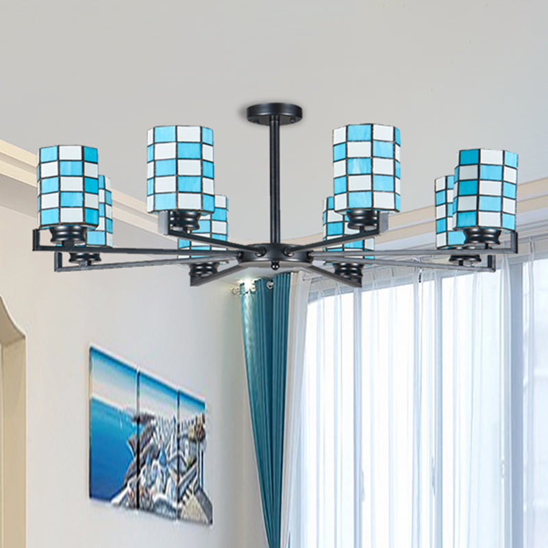 Stained Glass Black/White Semi Mount Lighting Cylinder 3/6/8 Lights Baroque Ceiling Mounted Light 8 Black Clearhalo 'Ceiling Lights' 'Close To Ceiling Lights' 'Close to ceiling' 'Glass shade' 'Glass' 'Semi-flushmount' 'Tiffany close to ceiling' 'Tiffany' Lighting' 360706