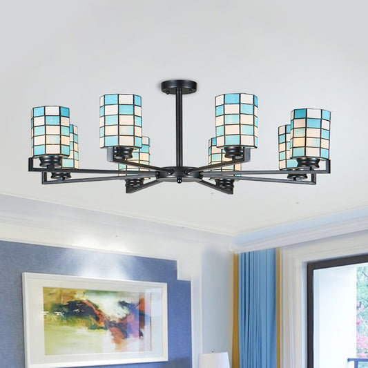 Stained Glass Black/White Semi Mount Lighting Cylinder 3/6/8 Lights Baroque Ceiling Mounted Light Clearhalo 'Ceiling Lights' 'Close To Ceiling Lights' 'Close to ceiling' 'Glass shade' 'Glass' 'Semi-flushmount' 'Tiffany close to ceiling' 'Tiffany' Lighting' 360707