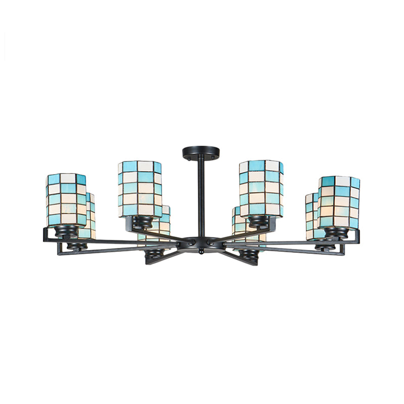 Stained Glass Black/White Semi Mount Lighting Cylinder 3/6/8 Lights Baroque Ceiling Mounted Light Clearhalo 'Ceiling Lights' 'Close To Ceiling Lights' 'Close to ceiling' 'Glass shade' 'Glass' 'Semi-flushmount' 'Tiffany close to ceiling' 'Tiffany' Lighting' 360708