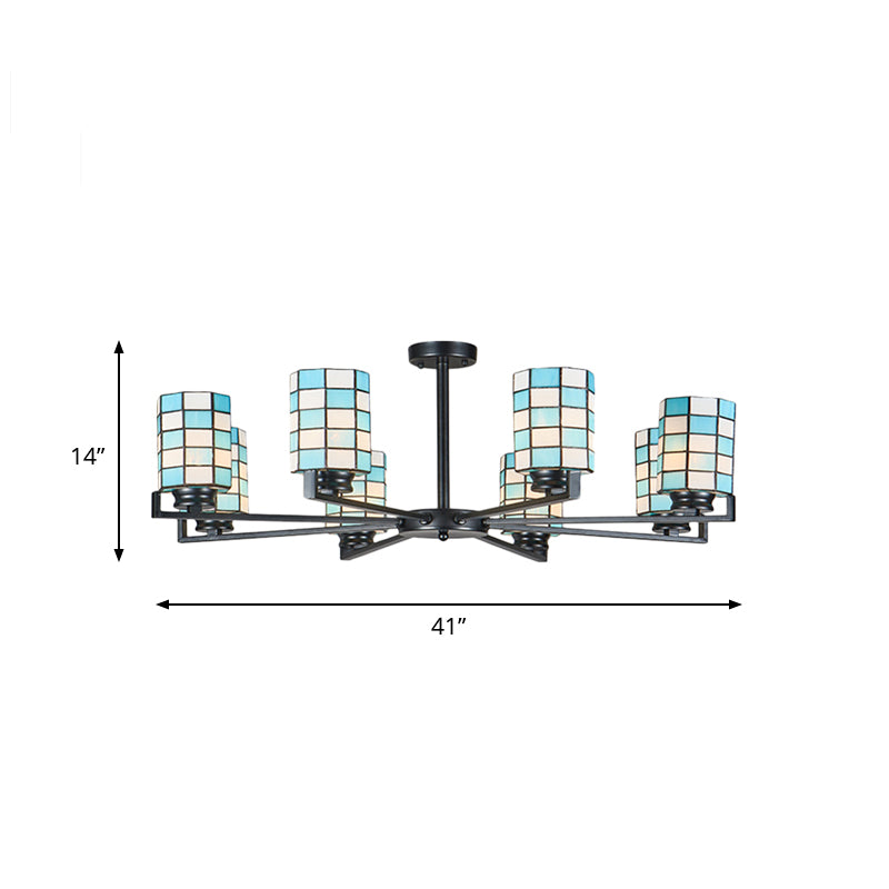 Stained Glass Black/White Semi Mount Lighting Cylinder 3/6/8 Lights Baroque Ceiling Mounted Light Clearhalo 'Ceiling Lights' 'Close To Ceiling Lights' 'Close to ceiling' 'Glass shade' 'Glass' 'Semi-flushmount' 'Tiffany close to ceiling' 'Tiffany' Lighting' 360709