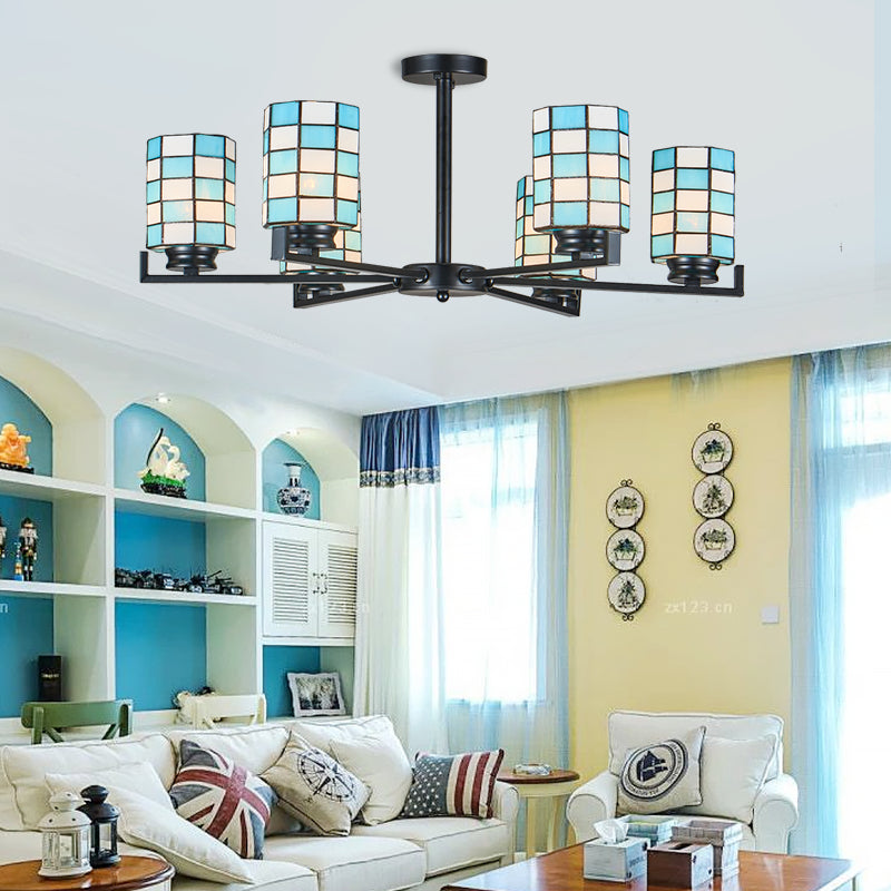 Stained Glass Black/White Semi Mount Lighting Cylinder 3/6/8 Lights Baroque Ceiling Mounted Light 6 Black Clearhalo 'Ceiling Lights' 'Close To Ceiling Lights' 'Close to ceiling' 'Glass shade' 'Glass' 'Semi-flushmount' 'Tiffany close to ceiling' 'Tiffany' Lighting' 360710