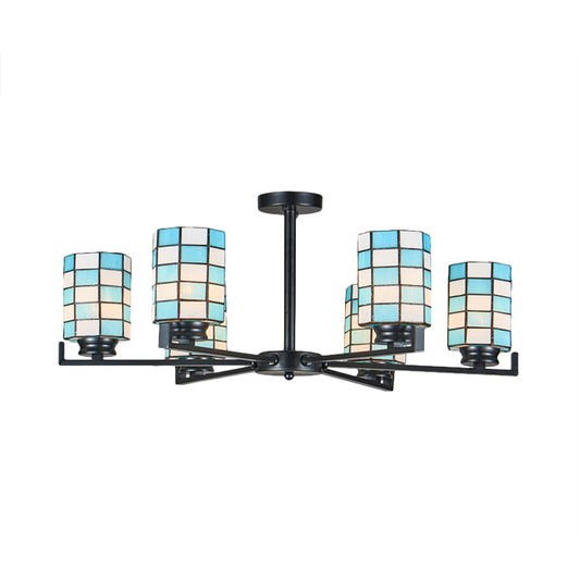 Stained Glass Black/White Semi Mount Lighting Cylinder 3/6/8 Lights Baroque Ceiling Mounted Light Clearhalo 'Ceiling Lights' 'Close To Ceiling Lights' 'Close to ceiling' 'Glass shade' 'Glass' 'Semi-flushmount' 'Tiffany close to ceiling' 'Tiffany' Lighting' 360711