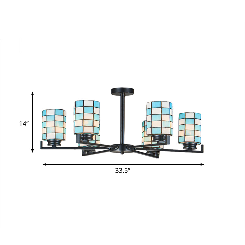 Stained Glass Black/White Semi Mount Lighting Cylinder 3/6/8 Lights Baroque Ceiling Mounted Light Clearhalo 'Ceiling Lights' 'Close To Ceiling Lights' 'Close to ceiling' 'Glass shade' 'Glass' 'Semi-flushmount' 'Tiffany close to ceiling' 'Tiffany' Lighting' 360712