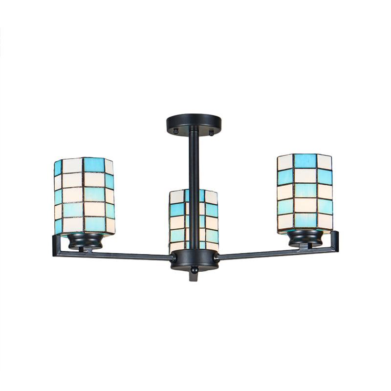 Stained Glass Black/White Semi Mount Lighting Cylinder 3/6/8 Lights Baroque Ceiling Mounted Light 3 Black Clearhalo 'Ceiling Lights' 'Close To Ceiling Lights' 'Close to ceiling' 'Glass shade' 'Glass' 'Semi-flushmount' 'Tiffany close to ceiling' 'Tiffany' Lighting' 360713
