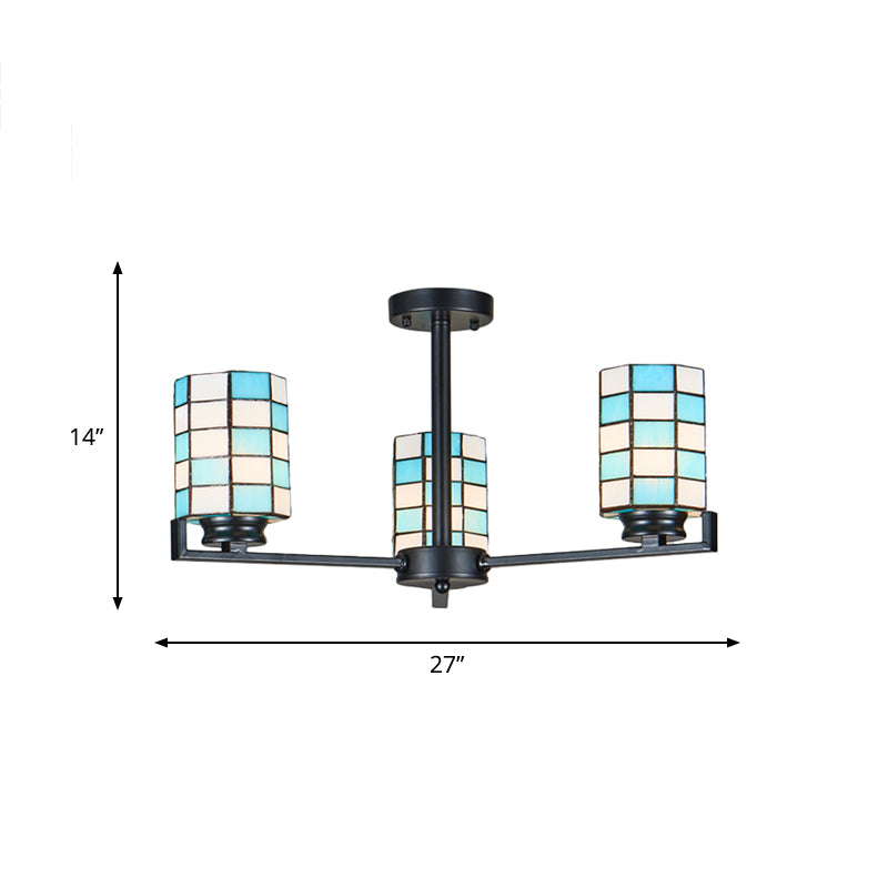 Stained Glass Black/White Semi Mount Lighting Cylinder 3/6/8 Lights Baroque Ceiling Mounted Light Clearhalo 'Ceiling Lights' 'Close To Ceiling Lights' 'Close to ceiling' 'Glass shade' 'Glass' 'Semi-flushmount' 'Tiffany close to ceiling' 'Tiffany' Lighting' 360714