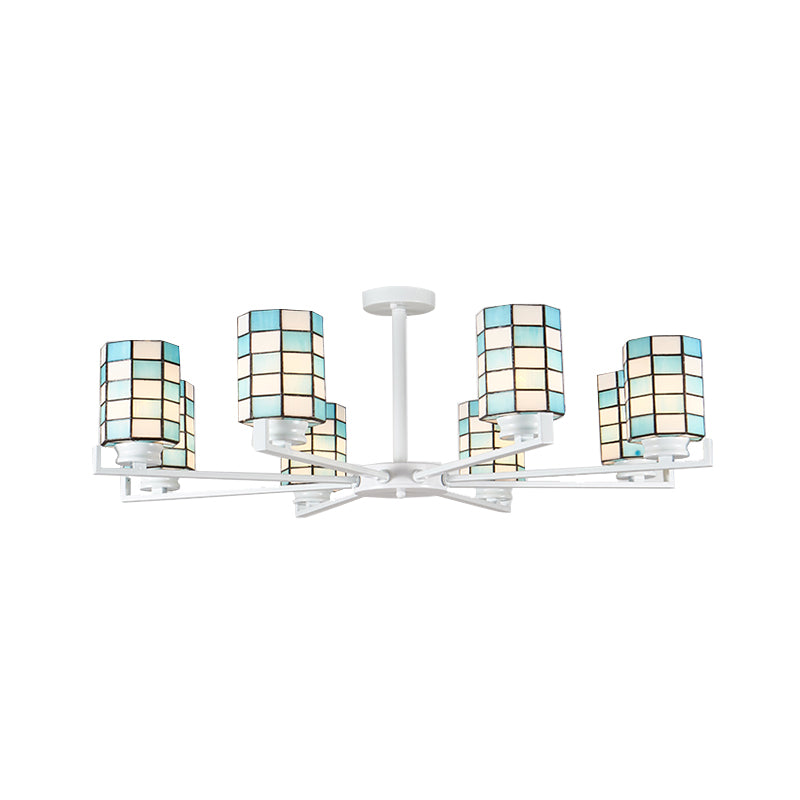 Stained Glass Black/White Semi Mount Lighting Cylinder 3/6/8 Lights Baroque Ceiling Mounted Light 8 White Clearhalo 'Ceiling Lights' 'Close To Ceiling Lights' 'Close to ceiling' 'Glass shade' 'Glass' 'Semi-flushmount' 'Tiffany close to ceiling' 'Tiffany' Lighting' 360715