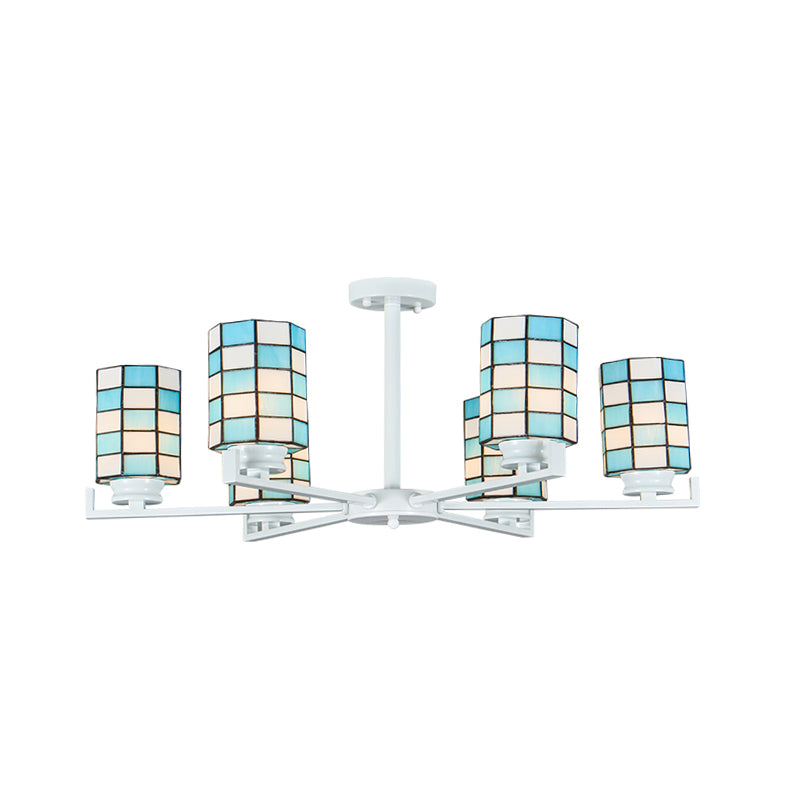 Stained Glass Black/White Semi Mount Lighting Cylinder 3/6/8 Lights Baroque Ceiling Mounted Light 6 White Clearhalo 'Ceiling Lights' 'Close To Ceiling Lights' 'Close to ceiling' 'Glass shade' 'Glass' 'Semi-flushmount' 'Tiffany close to ceiling' 'Tiffany' Lighting' 360717