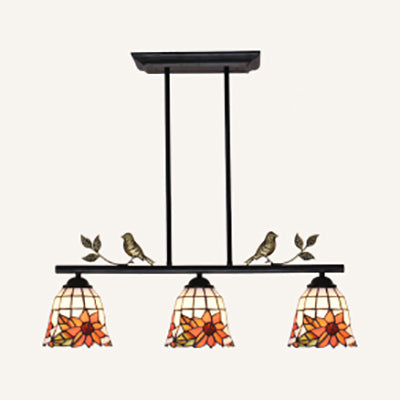 3 Lights Bell Island Chandelier Light Tiffany Style Black/Antique Brass Stainless Glass Pendant Light with Sunflower Pattern Black Clearhalo 'Ceiling Lights' 'Glass shade' 'Glass' 'Island Lights' 'Tiffany close to ceiling' 'Tiffany' Lighting' 36072