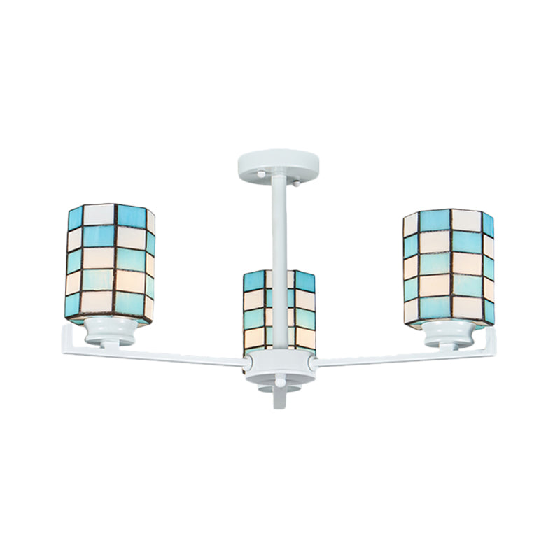 Stained Glass Black/White Semi Mount Lighting Cylinder 3/6/8 Lights Baroque Ceiling Mounted Light Clearhalo 'Ceiling Lights' 'Close To Ceiling Lights' 'Close to ceiling' 'Glass shade' 'Glass' 'Semi-flushmount' 'Tiffany close to ceiling' 'Tiffany' Lighting' 360720
