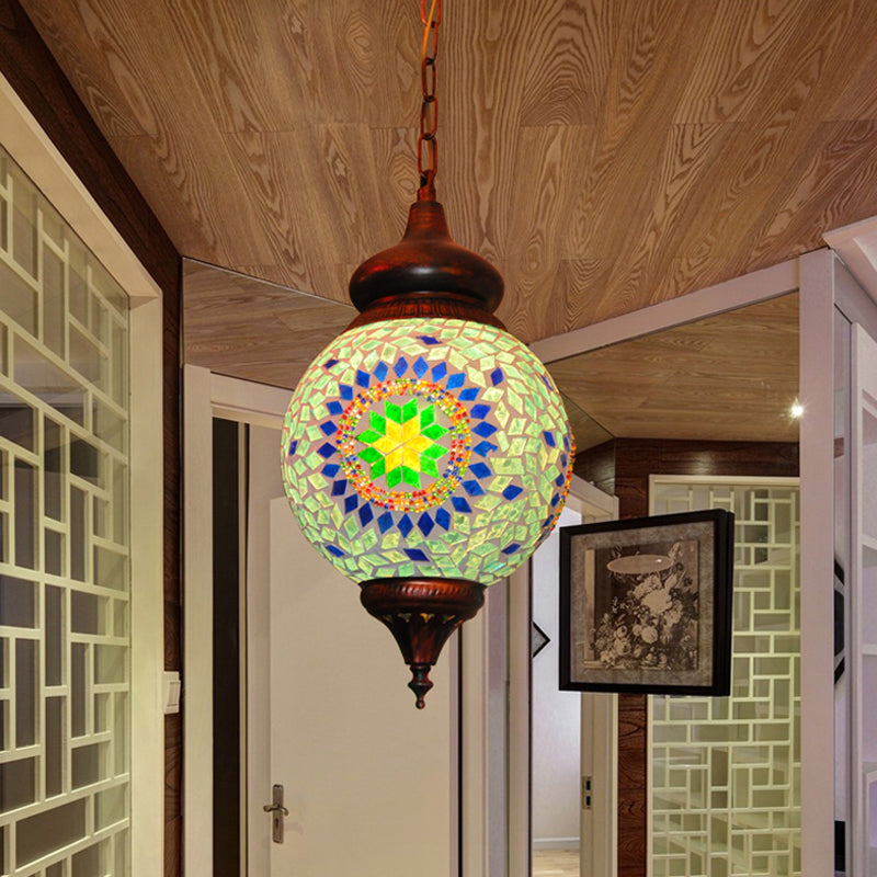 1 Bulb Orb Pendant Light Traditional Green Stained Glass Hanging Lamp for Living Room Clearhalo 'Ceiling Lights' 'Pendant Lights' 'Pendants' Lighting' 360722