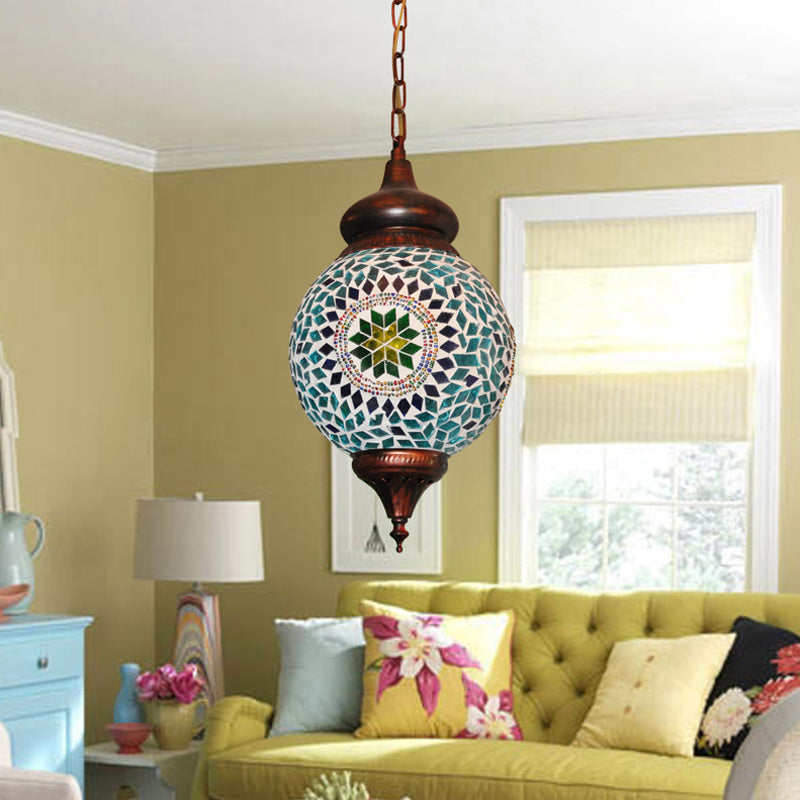 1 Bulb Orb Pendant Light Traditional Green Stained Glass Hanging Lamp for Living Room Clearhalo 'Ceiling Lights' 'Pendant Lights' 'Pendants' Lighting' 360724