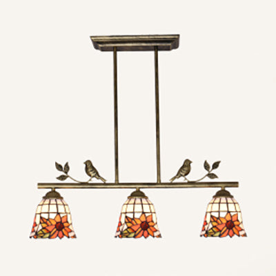 3 Lights Bell Island Chandelier Light Tiffany Style Black/Antique Brass Stainless Glass Pendant Light with Sunflower Pattern Antique Brass Clearhalo 'Ceiling Lights' 'Glass shade' 'Glass' 'Island Lights' 'Tiffany close to ceiling' 'Tiffany' Lighting' 36074