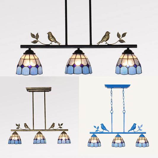 3 Bulbs Indoor Island Pendant Light Tiffany Style Antique Brass/Black/Blue Hanging Light with Dome Stainless Glass Shade Clearhalo 'Ceiling Lights' 'Glass shade' 'Glass' 'Island Lights' 'Tiffany close to ceiling' 'Tiffany' Lighting' 36076